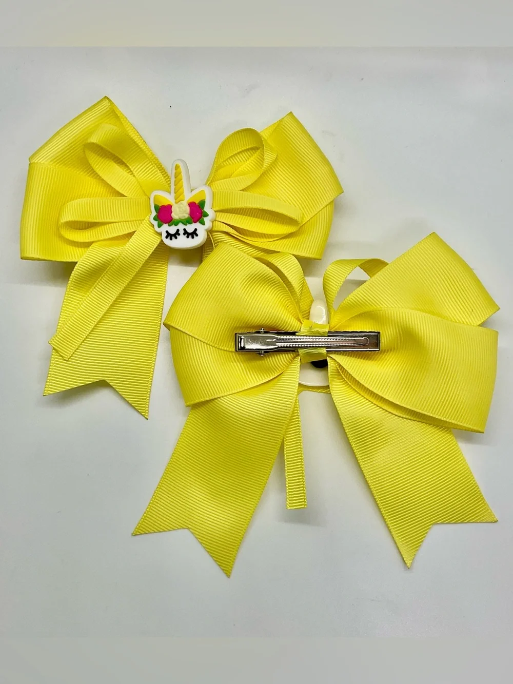 Pair of Yellow Ribbon Hair Bows with Unicorn Accent Handmade